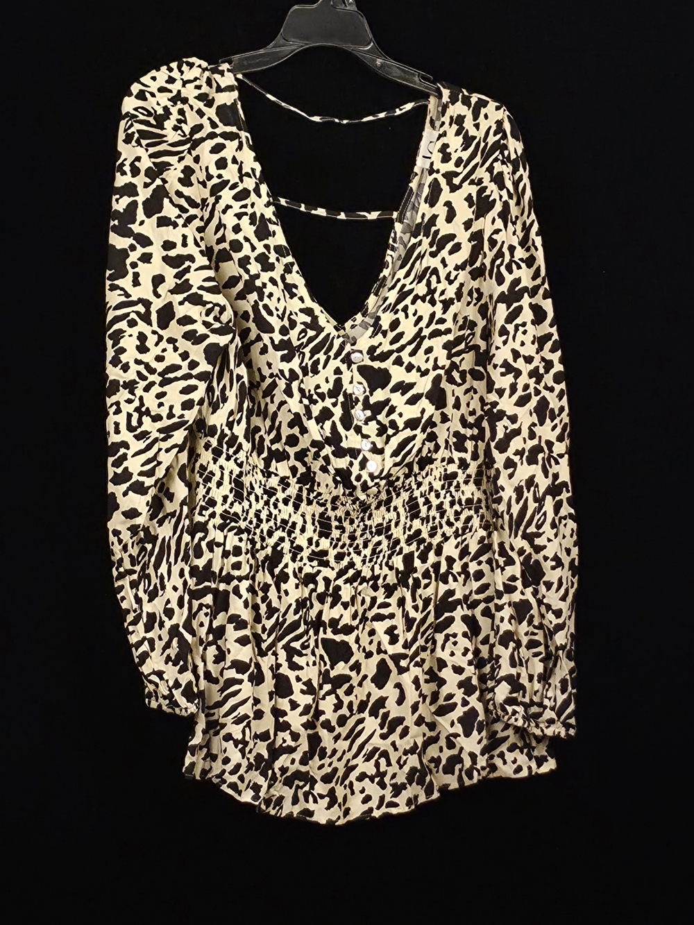 #144 Lola Grace 1X Cream Black Animal Print Smocked Waist Blouse